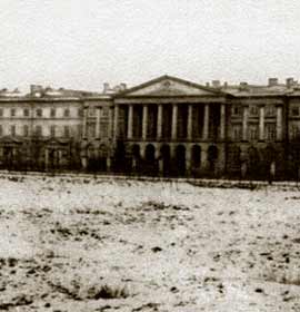 Smol´ny Institute, which during the summer and fall of 1917 was headquarters for the Soviets and in October became Bolshevik headquarters. Photograph, 1917