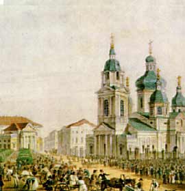 A view of Sennaya Square. A. Bryullov, 1822